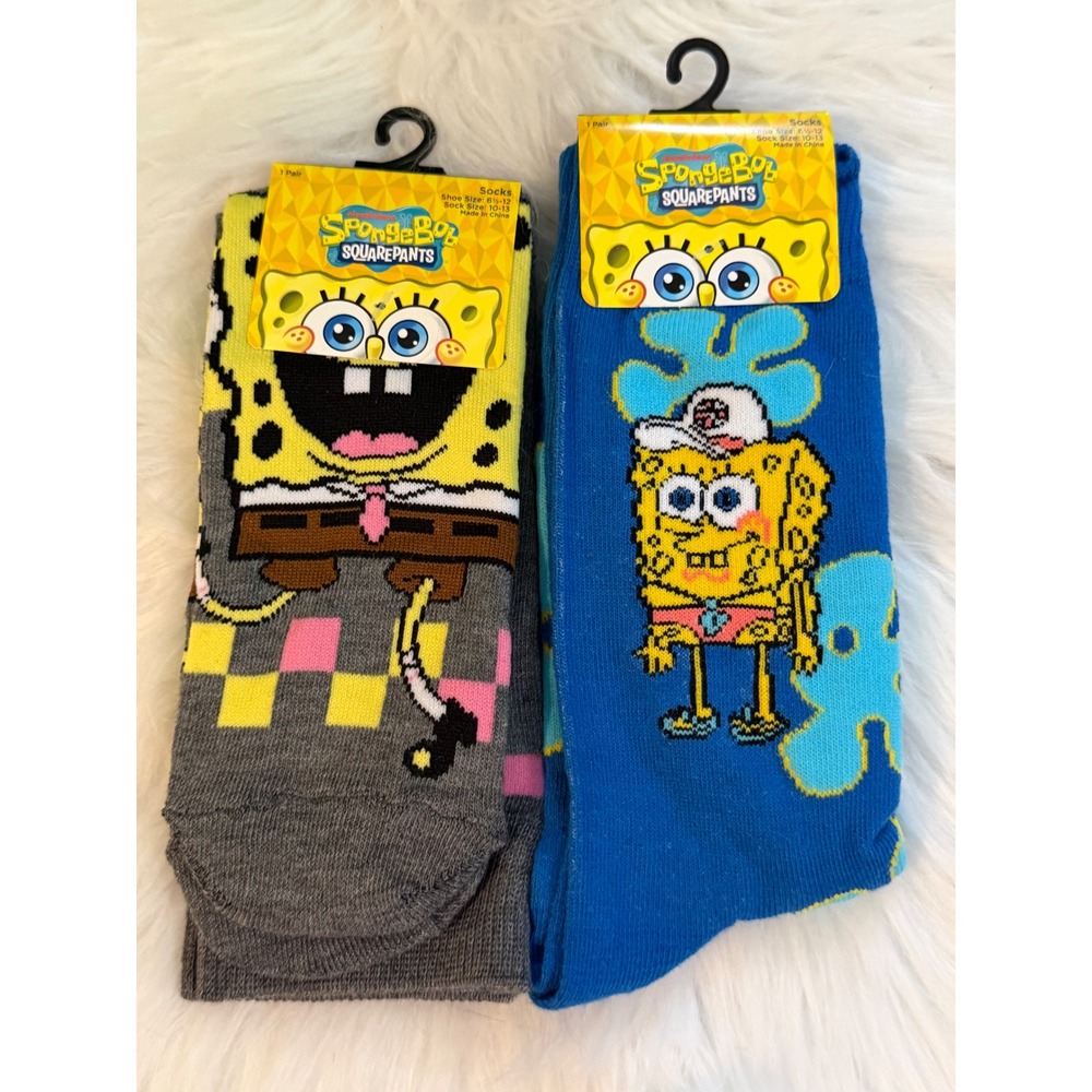 SpongeBob SquarePants Crew Socks 2 Pair Set Grey Blue Mens Size 6.5-12 New